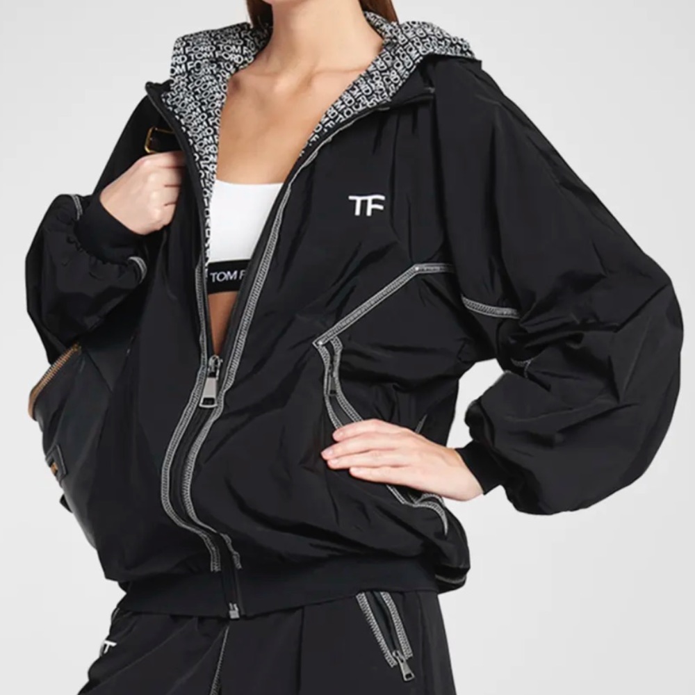 NWT TOM FORD Logo-Print Hooded Crinkle Nylon Bomber Jacket (Sz42-US6)